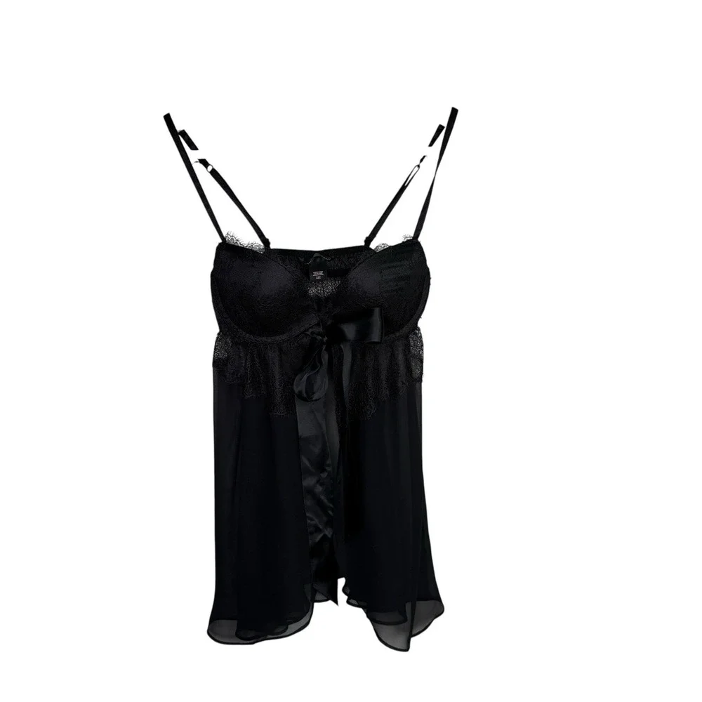 Victoria's Secret Women Babydoll Lingerie 32C Black Lace Bow Romantic Underwire